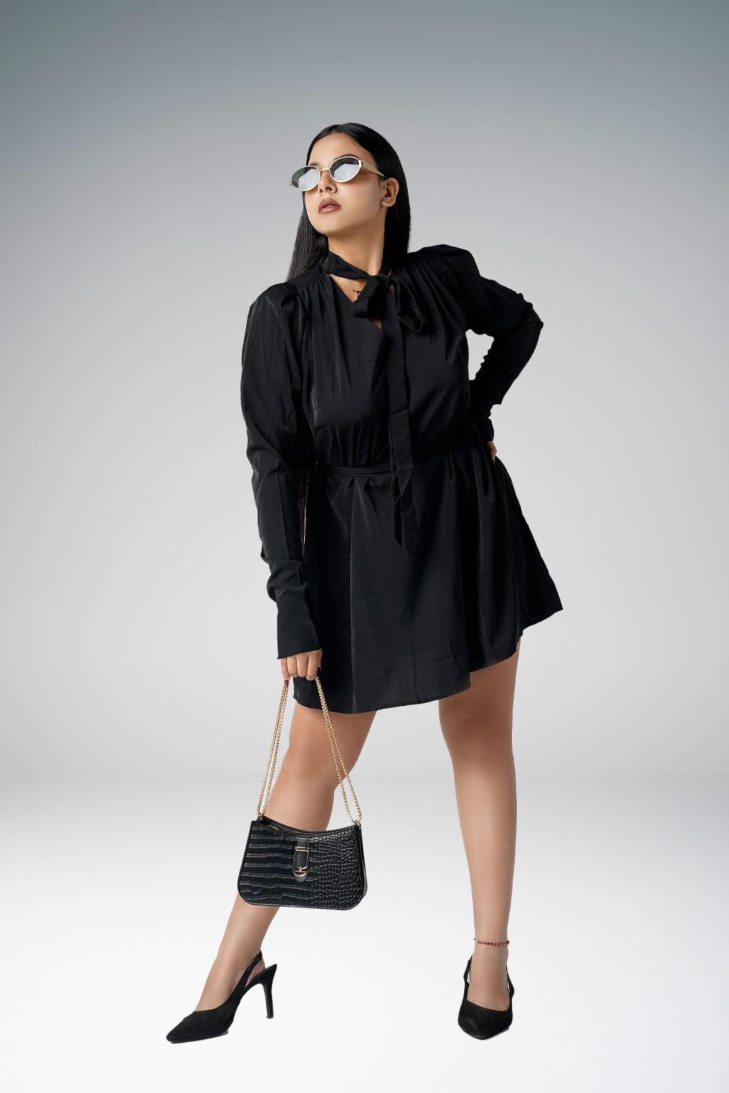 Black tie up mini dress