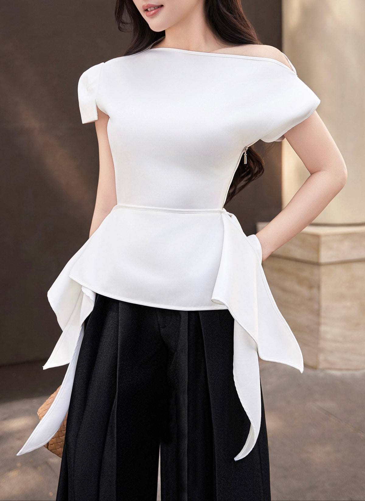 Ivory Satin Asymmetrical Peplum Top - image 4