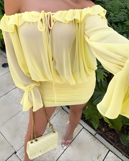 Yellow Off-Shoulder Ruched Mini Dress