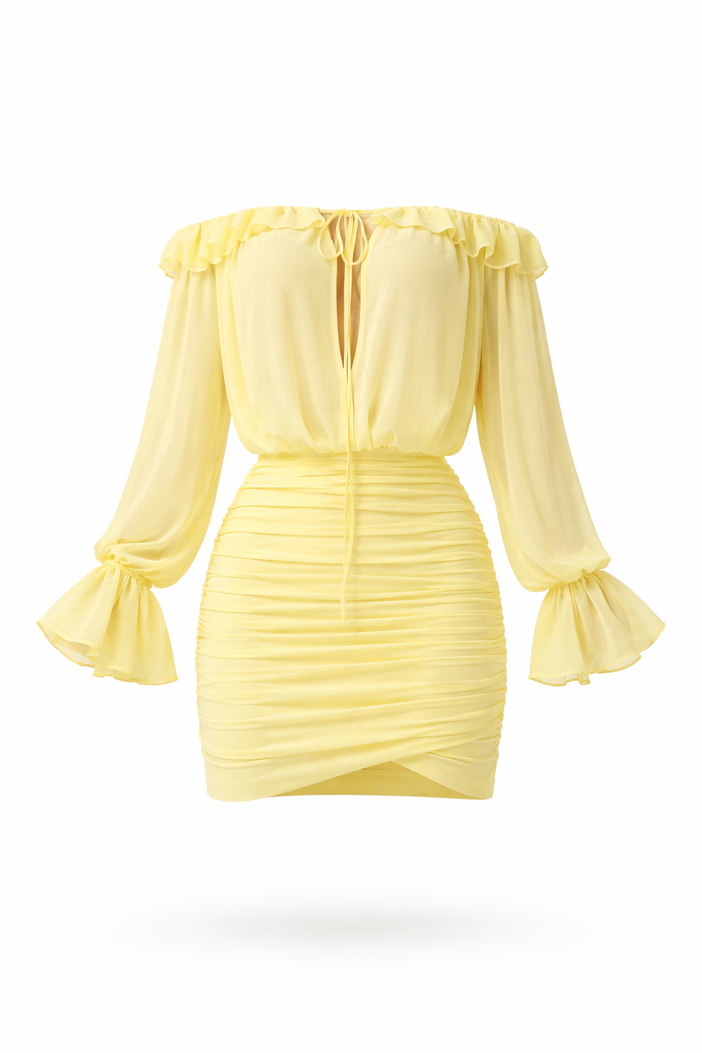 Yellow Off-Shoulder Ruched Mini Dress