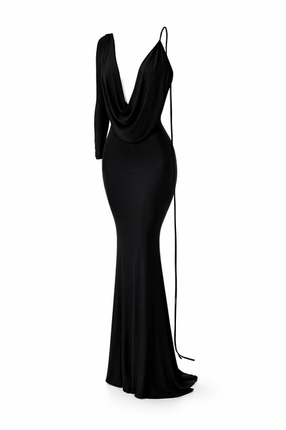 Midnight Drape One-Shoulder Maxi Dress
