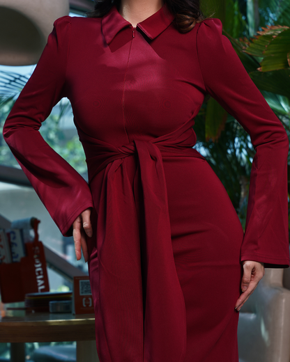 Crimson Poise Tie-Front Maxi Dress