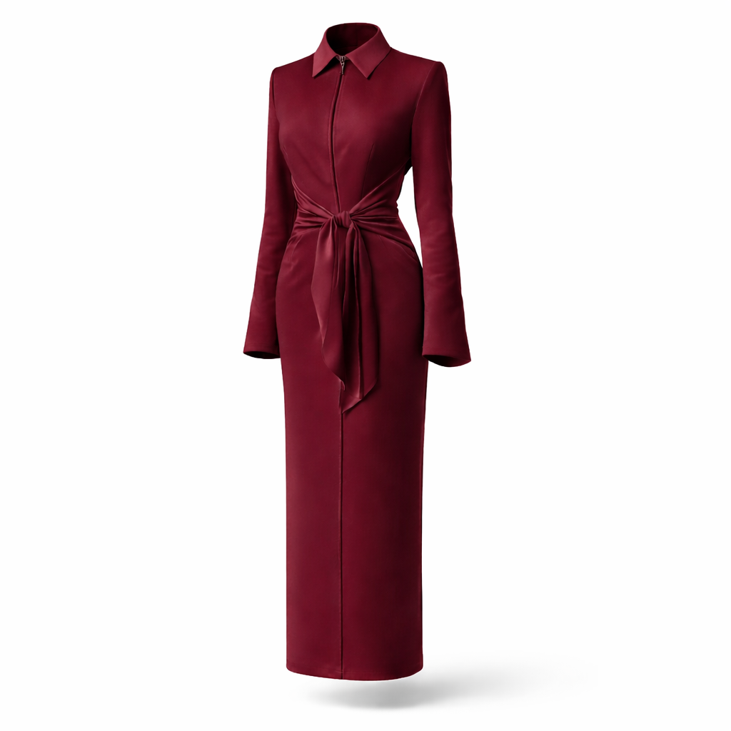 Crimson Poise Tie-Front Maxi Dress