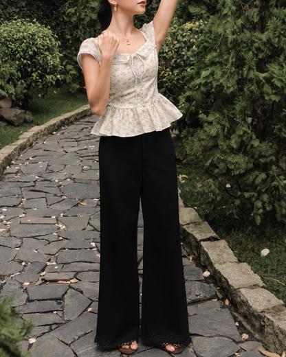 Noir Lace Hem Wide-Leg Trousers