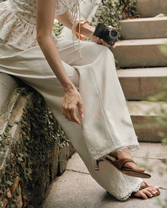 Ivory Lace Hem Wide-Leg Trousers