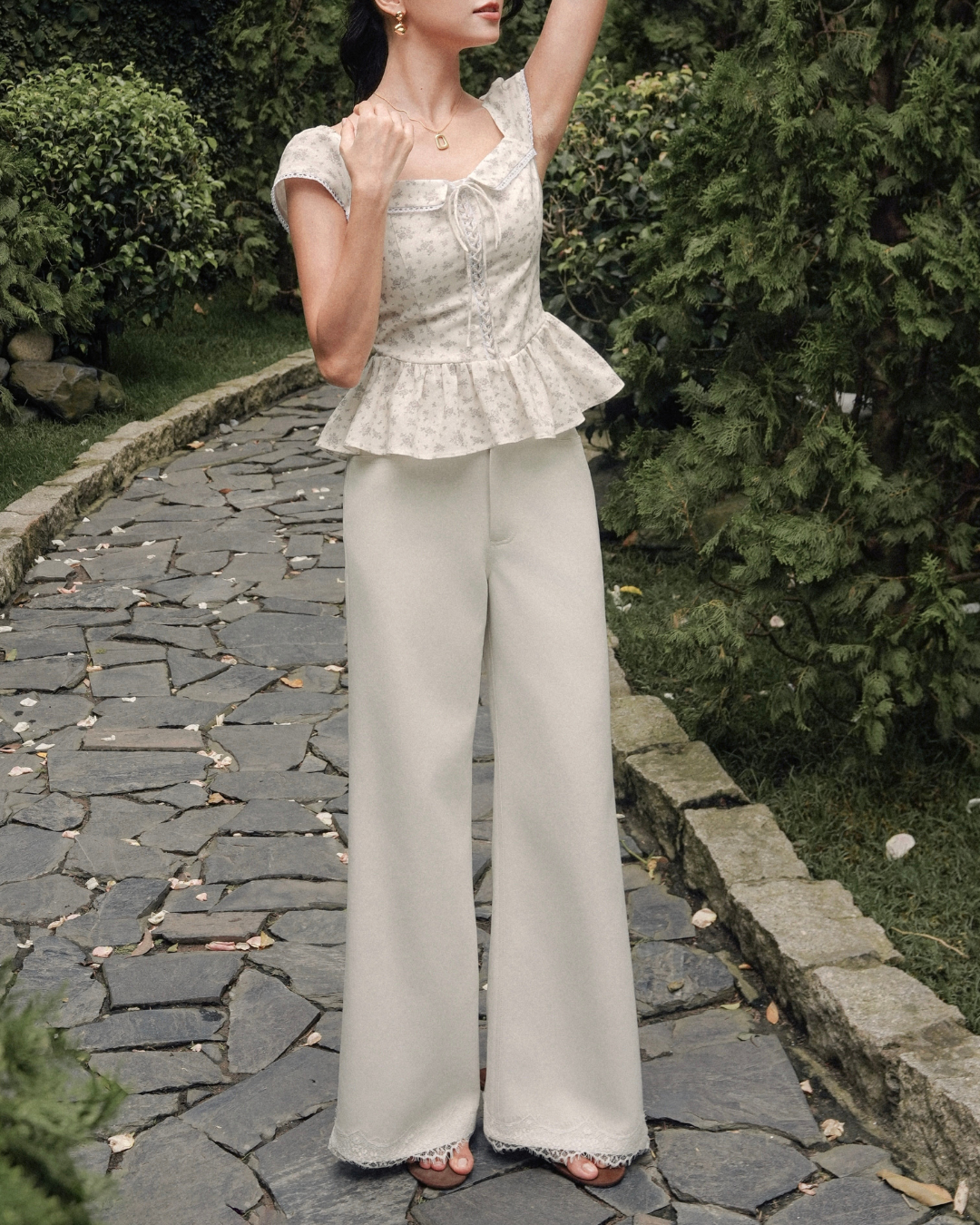 Ivory Lace Hem Wide-Leg Trousers