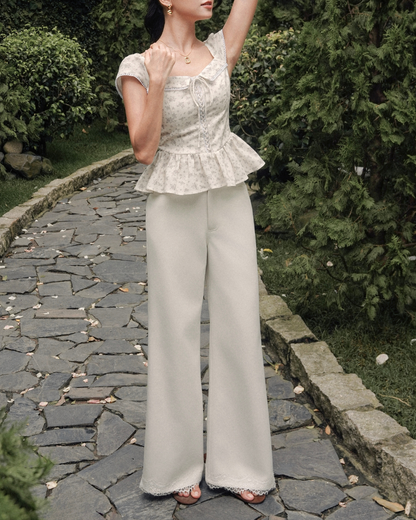 Ivory Lace Hem Wide-Leg Trousers