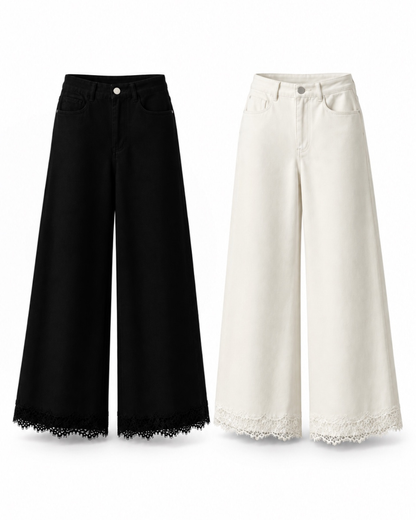 Ivory Lace Hem Wide-Leg Trousers