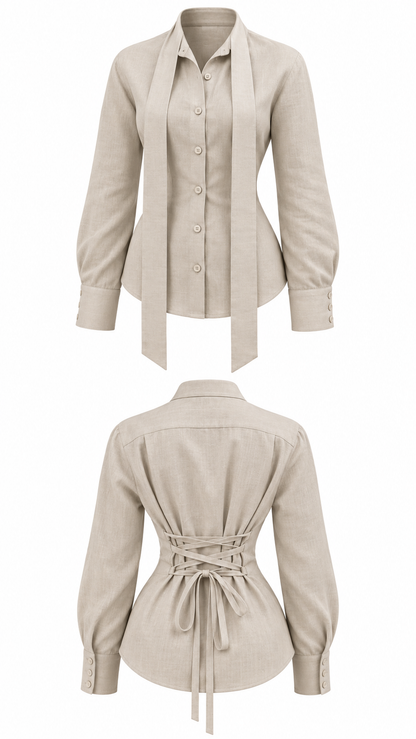 Sandstone Lace-Up Scarf Blouse - image 1