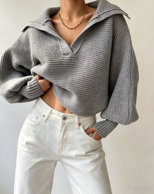 Slate Ribbed Statement-Collar Sweater - image 3