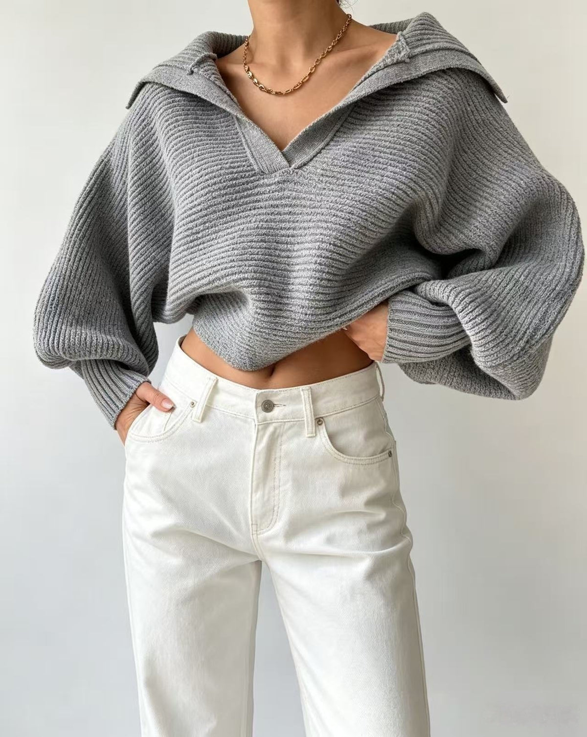 Slate Ribbed Statement-Collar Sweater - image 4