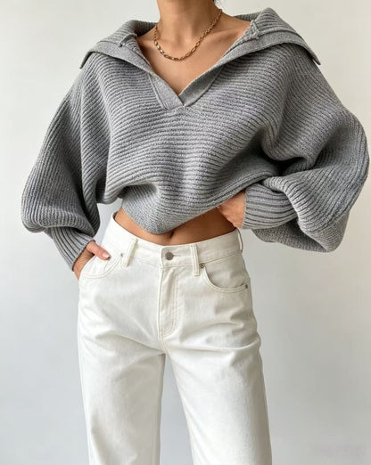 Slate Ribbed Statement-Collar Sweater - image 4