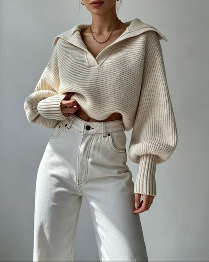 Ivory Ribbed Statement-Collar Sweater - image 3