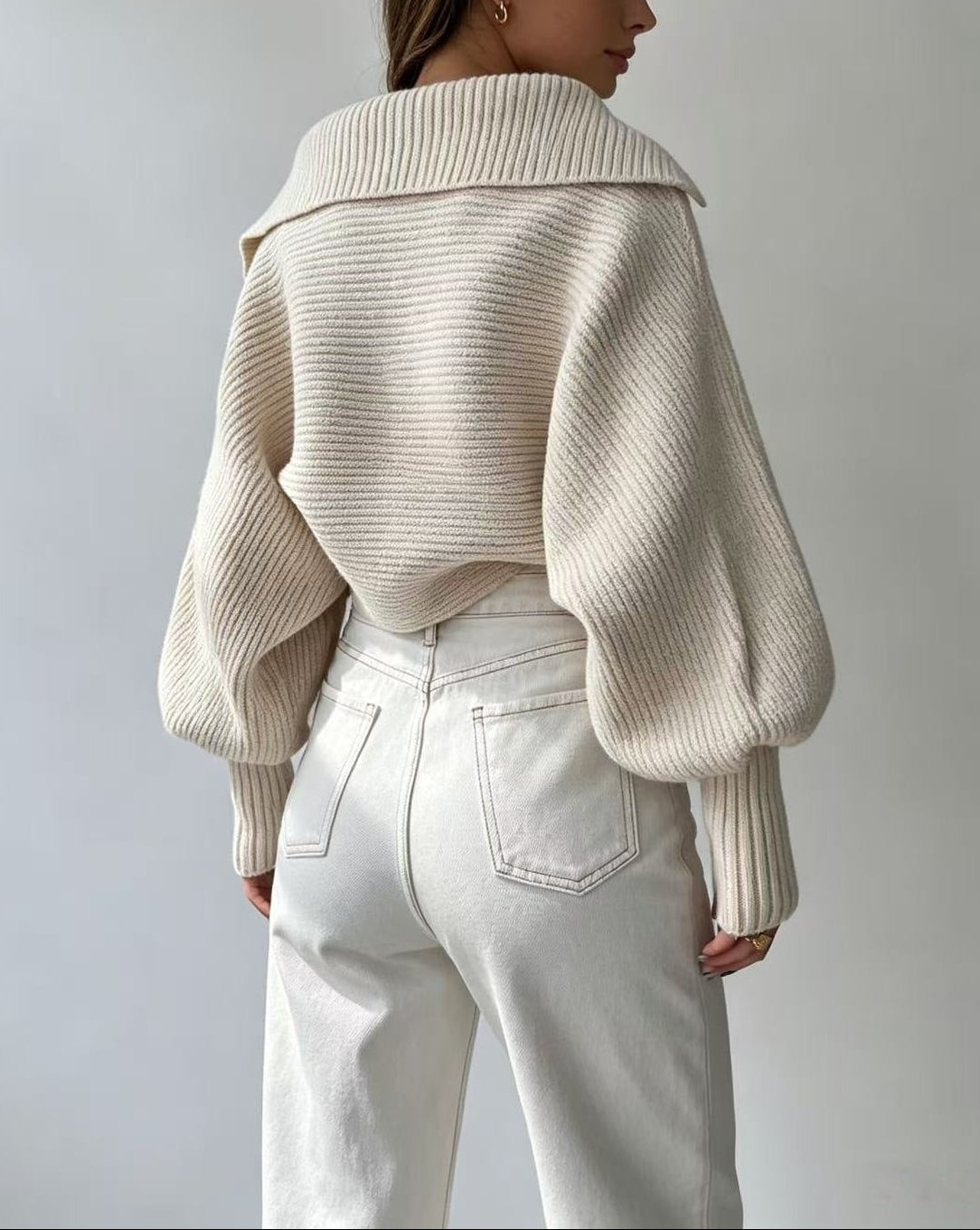 Ivory Ribbed Statement-Collar Sweater - image 4