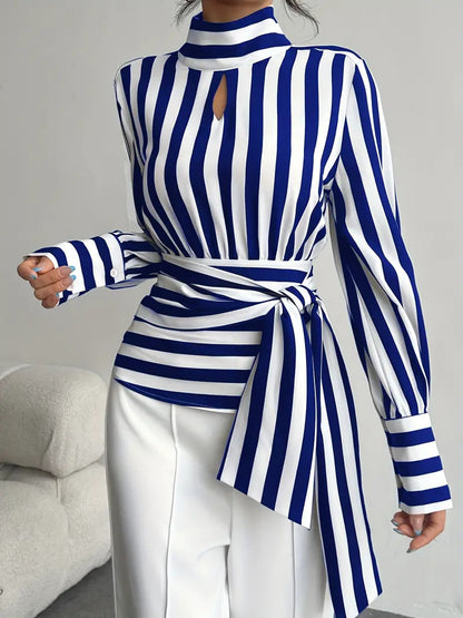 Blue Stripe Wrap Blouse - image 2