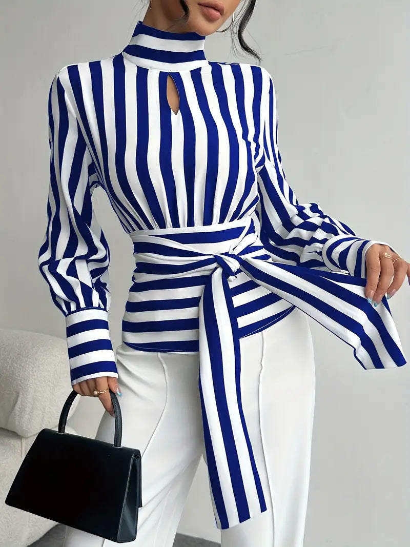 Blue Stripe Wrap Blouse - image 3