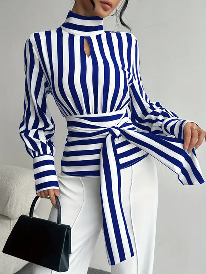 Blue Stripe Wrap Blouse - image 3