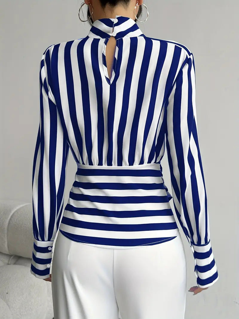Blue Stripe Wrap Blouse - image 4