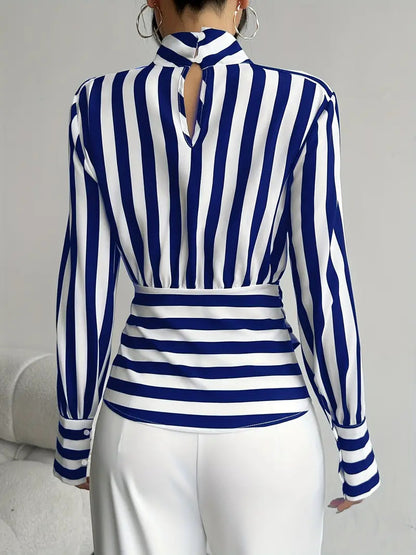 Blue Stripe Wrap Blouse - image 4