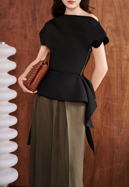 Noir Satin Asymmetrical Peplum Top - image 5