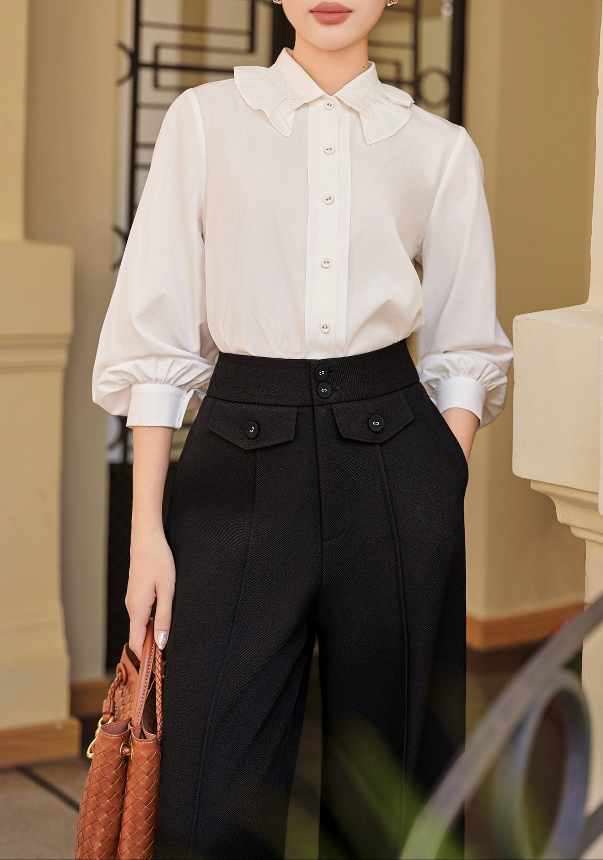 Champagne Lace-Collar Tailored Blouse - image 3