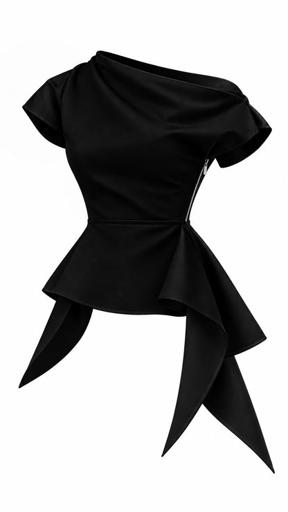 Noir Satin Asymmetrical Peplum Top - image 1